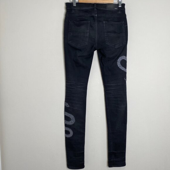 Amiri Glitter Snake Patch Broken Skinny Jeans Distressed Sz 30 FLAW - Picture 3 of 14